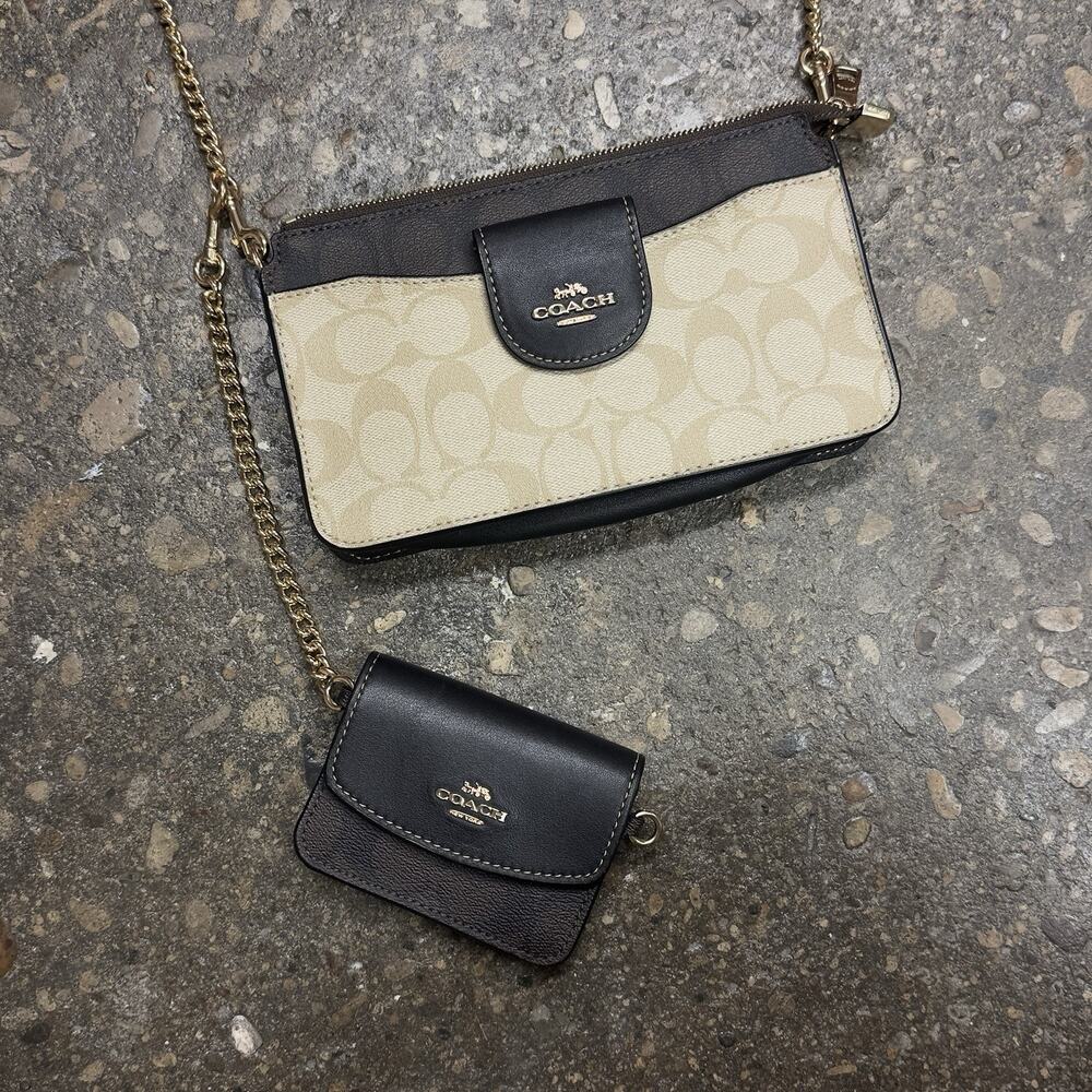 Coach Signature Canvas Black Leather Crossbody Bag + Mini Pouch Gold Chain Set